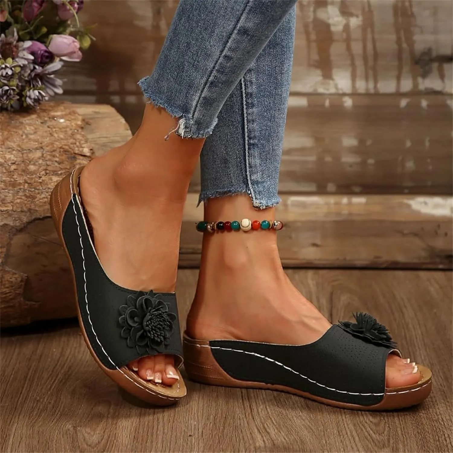 Chic Flowers Orthopedic Sandals for Women Summer Beach Comfortable Sandals Wedge Low Open Toe Slides Fish Mouth Leather Slippers Dressy Casual Slip-On with Arch Support