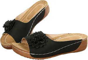 Chic Flowers Orthopedic Sandals for Women Summer Beach Comfortable Sandals Wedge Low Open Toe Slides Fish Mouth Leather Slippers Dressy Casual Slip-On with Arch Support