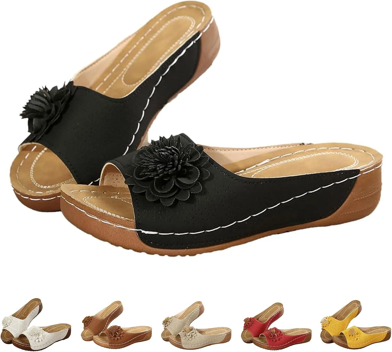 Chic Flowers Orthopedic Sandals for Women Summer Beach Comfortable Sandals Wedge Low Open Toe Slides Fish Mouth Leather Slippers Dressy Casual Slip-On with Arch Support