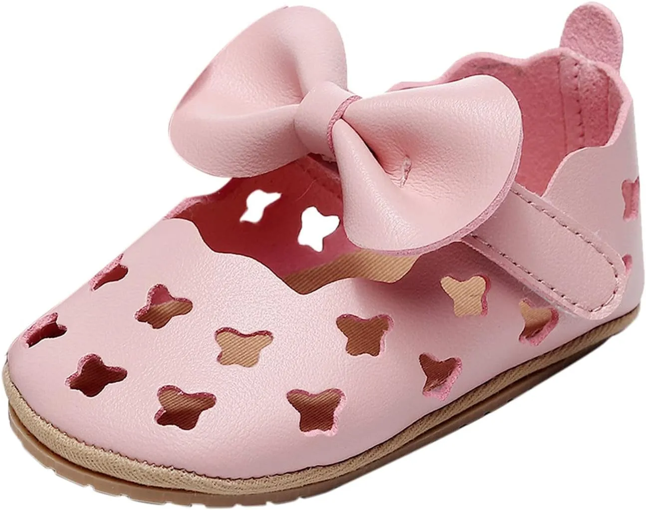 Infant Girls Hollow Out Bowknot Dress Shoes Lightweight Breathable Non-Slip Soft Sole Flat Mary Jane Walking Shoes