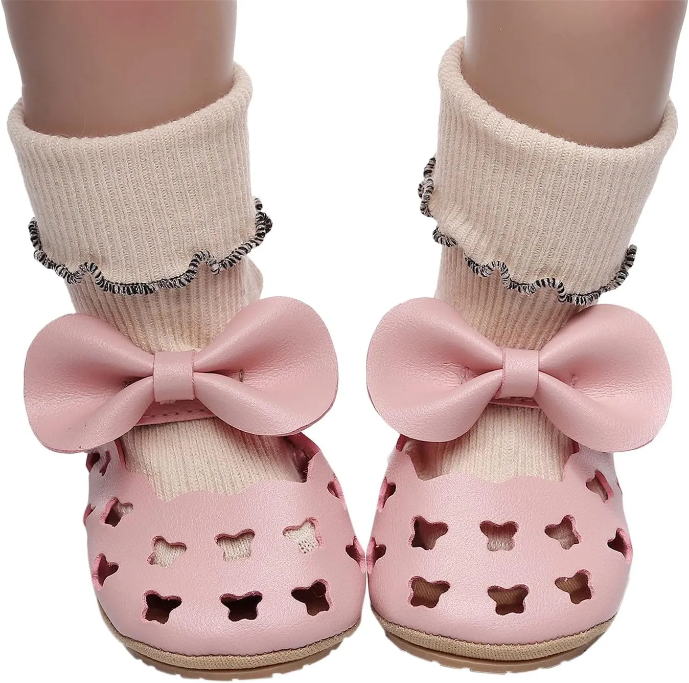 Infant Girls Hollow Out Bowknot Dress Shoes Lightweight Breathable Non-Slip Soft Sole Flat Mary Jane Walking Shoes