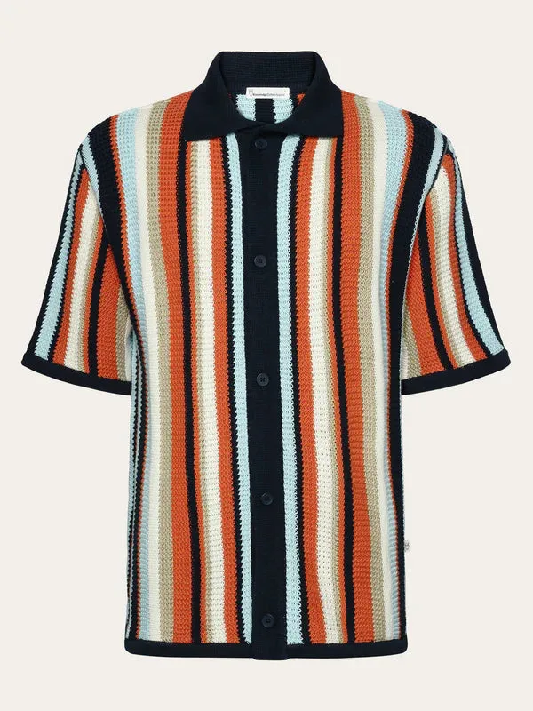 Loose Short Sleeve Striped Knitted Shirt - Regenerative Organic Certified - GOTS/Vegan (Blue Stripe)