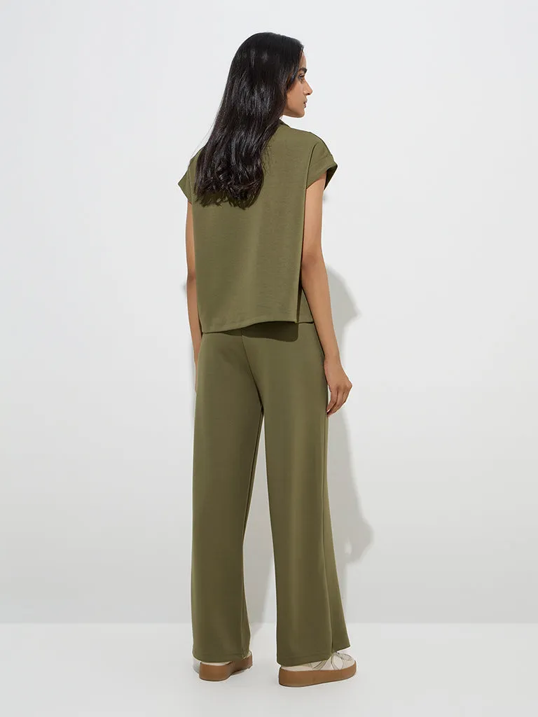 LOV Olive Solid High-Rise Pants