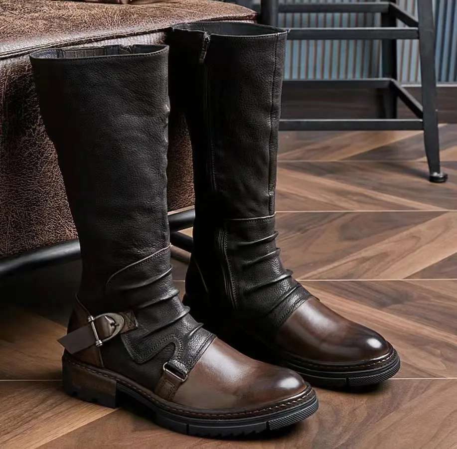 Men's motorcycle boots Low heels biker boots with buckle