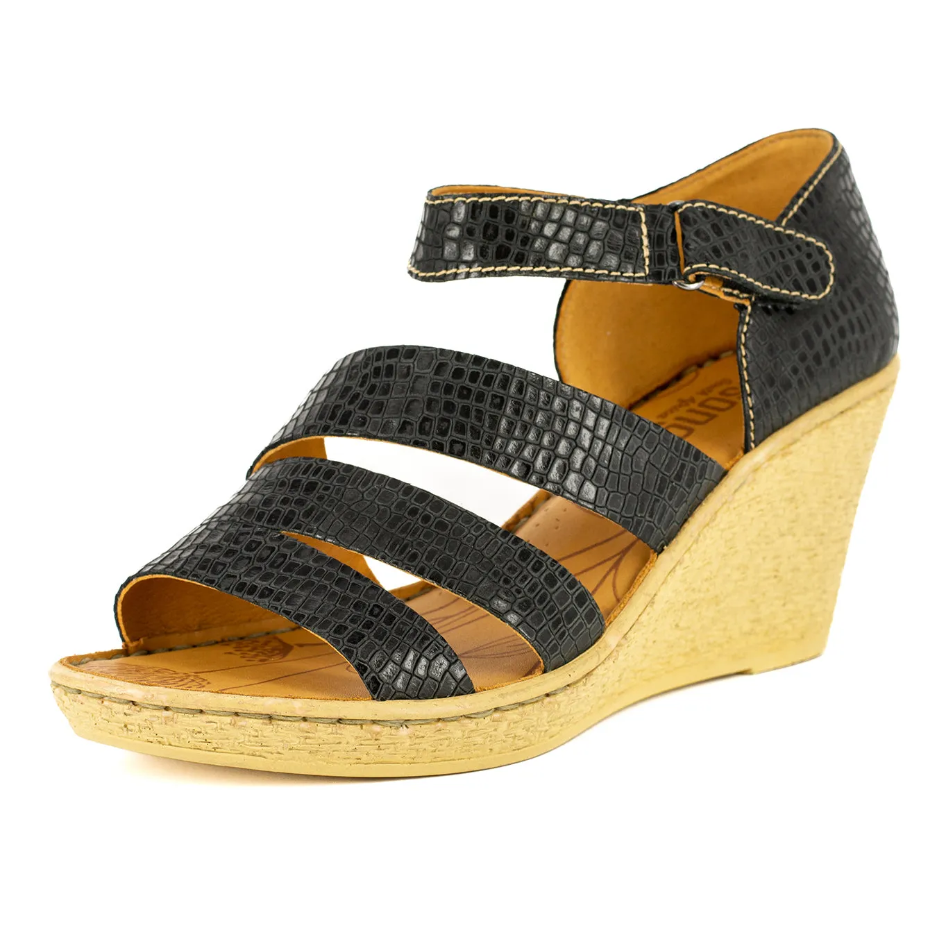 Nontle : Ladies Leather High-Heel Wedge Sandal in Black Coco Lux