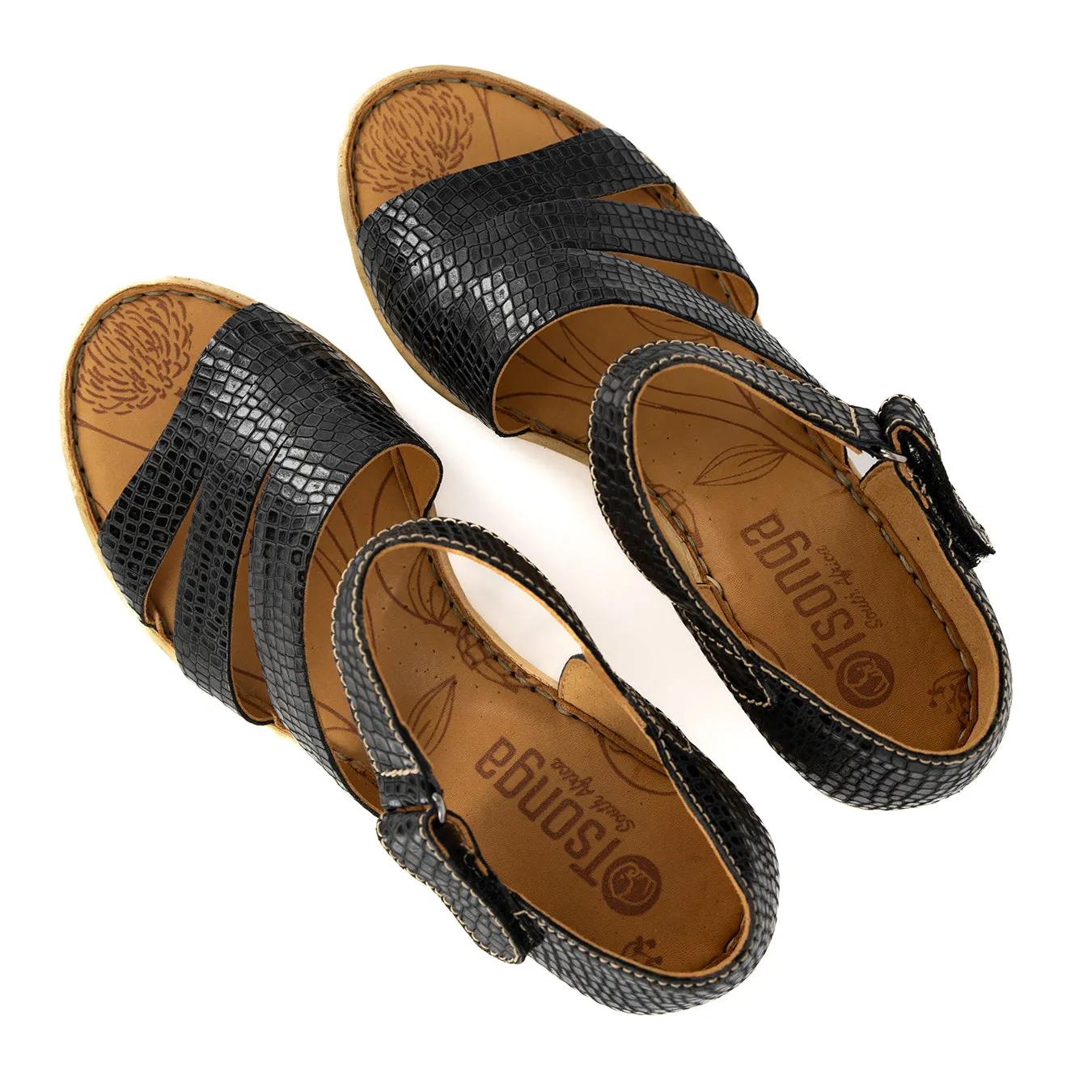Nontle : Ladies Leather High-Heel Wedge Sandal in Black Coco Lux