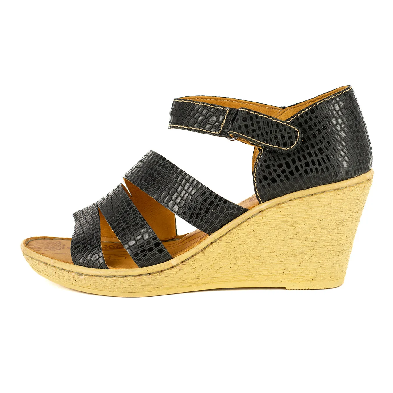 Nontle : Ladies Leather High-Heel Wedge Sandal in Black Coco Lux