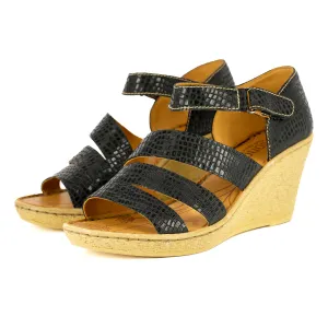 Nontle : Ladies Leather High-Heel Wedge Sandal in Black Coco Lux