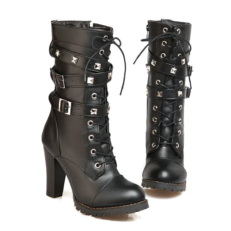 Rivets punk chunky high heels mid calf combat boots with buckle strap
