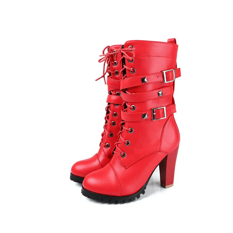 Rivets punk chunky high heels mid calf combat boots with buckle strap