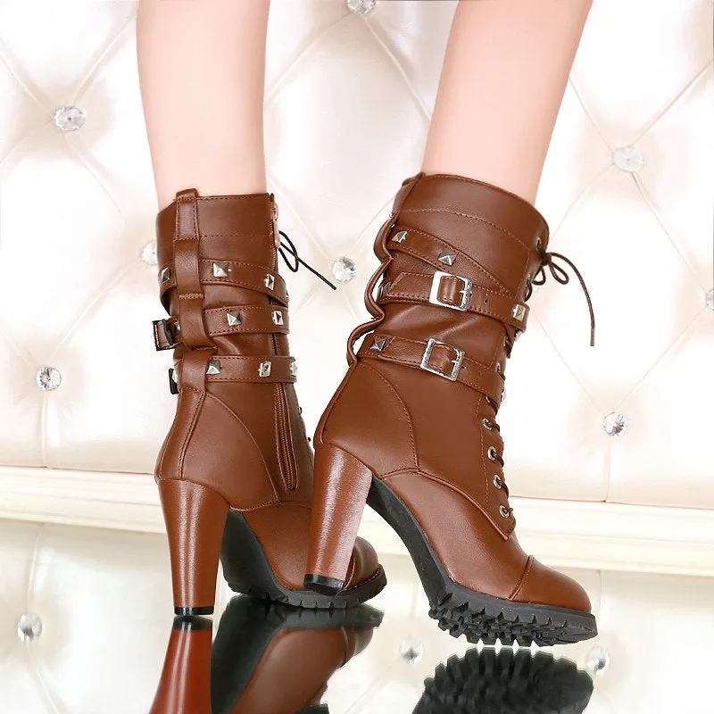Rivets punk chunky high heels mid calf combat boots with buckle strap
