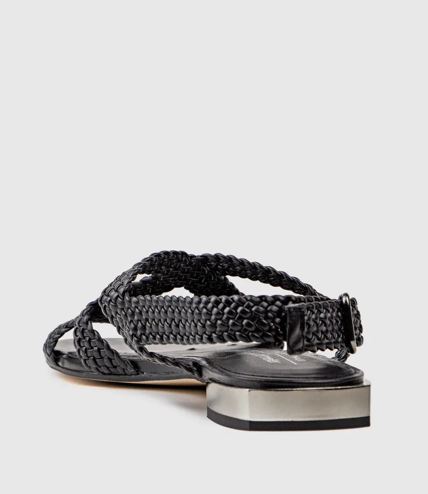 SATINE Woven Sandal with Metal Heel in Black