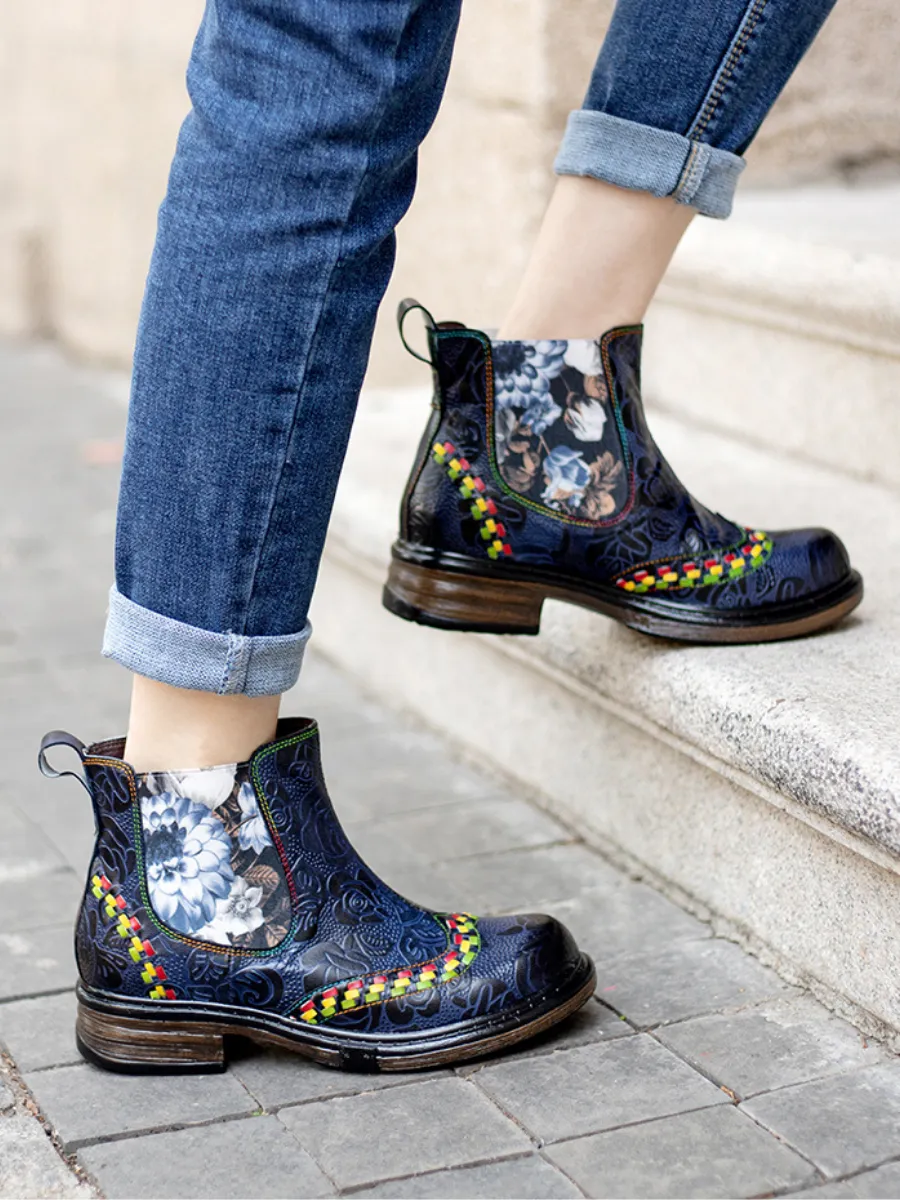SOFFIA | Genuine Leather Blue Chrysanthemum Side Floral Embossed Leather Chelsea Ankle Boots