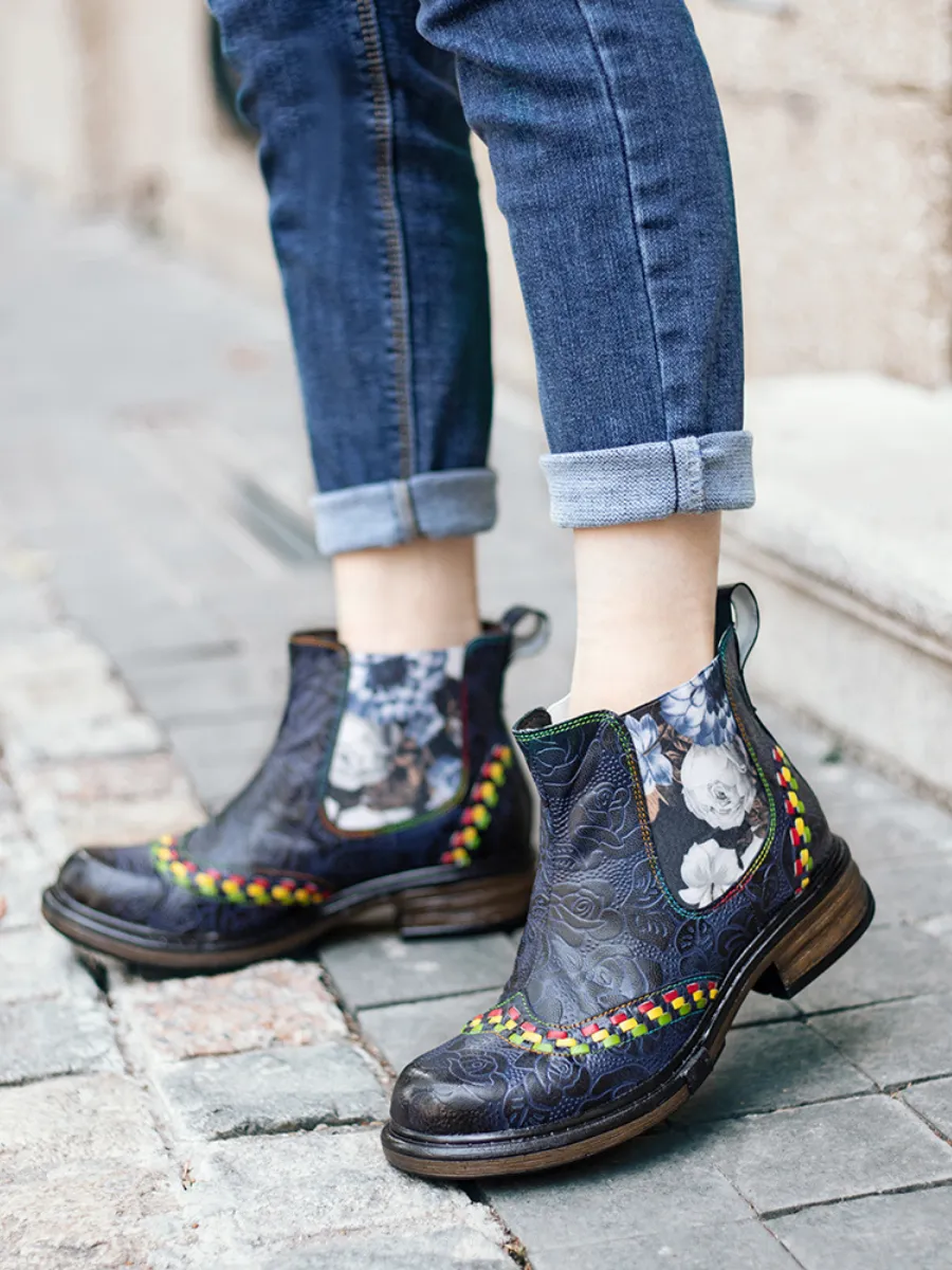 SOFFIA | Genuine Leather Blue Chrysanthemum Side Floral Embossed Leather Chelsea Ankle Boots