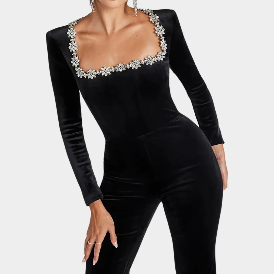 Square Collar Jumpsuit - Women's Casual Patchwork Playsuit - Long Sleeve - Flare Pants - Black