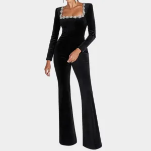 Square Collar Jumpsuit - Women's Casual Patchwork Playsuit - Long Sleeve - Flare Pants - Black