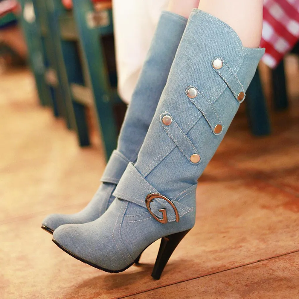 Women denim fashoin buckle strap chunky knee high boots