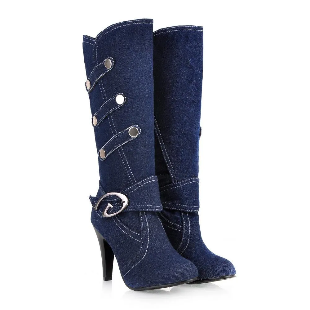 Women denim fashoin buckle strap chunky knee high boots