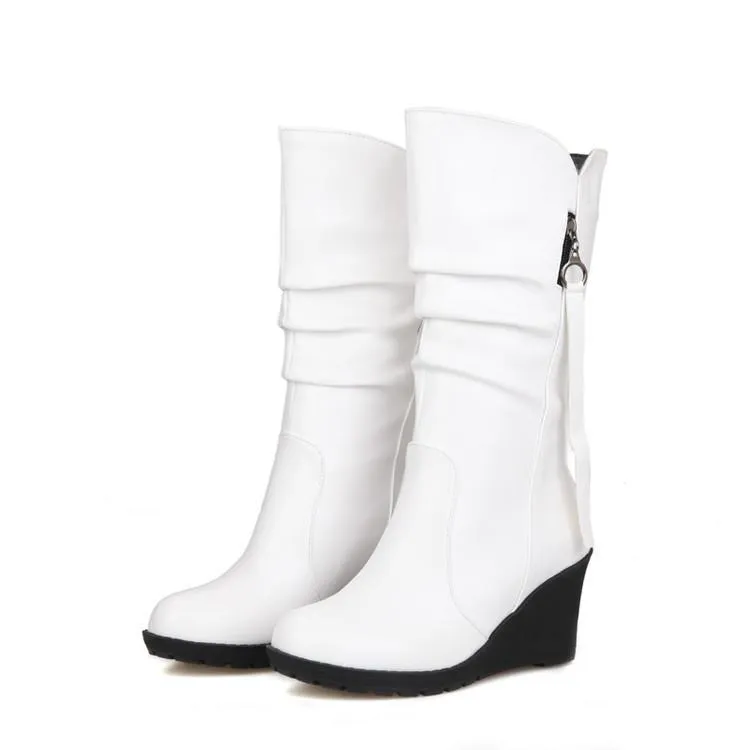 Women retro slouch mid calf wedge boots | Tassel zipper mid calf boots