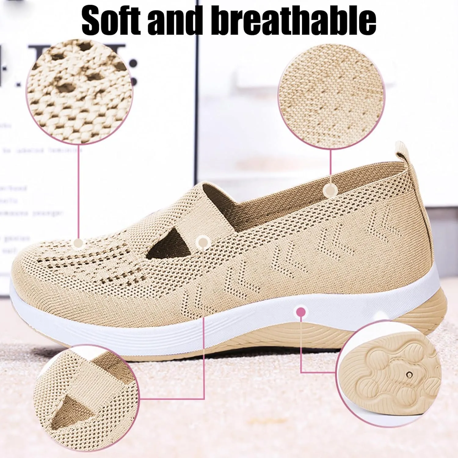 Women Walking Shoes Cushion Orthopedic Diabetic Shoes with Arch-Support Mule Breathable Flying Woven Mesh Upper Casual Sneakers Ladies Air Cushion Athletic Shoe Non-Slip Jogging Sneakers