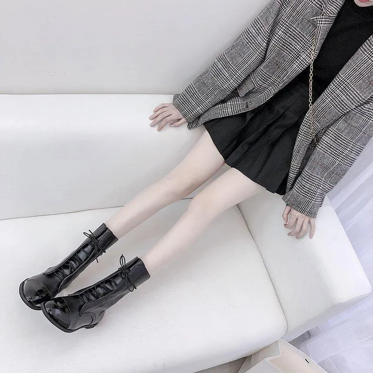 Women's black soft PU front lace mid calf boots